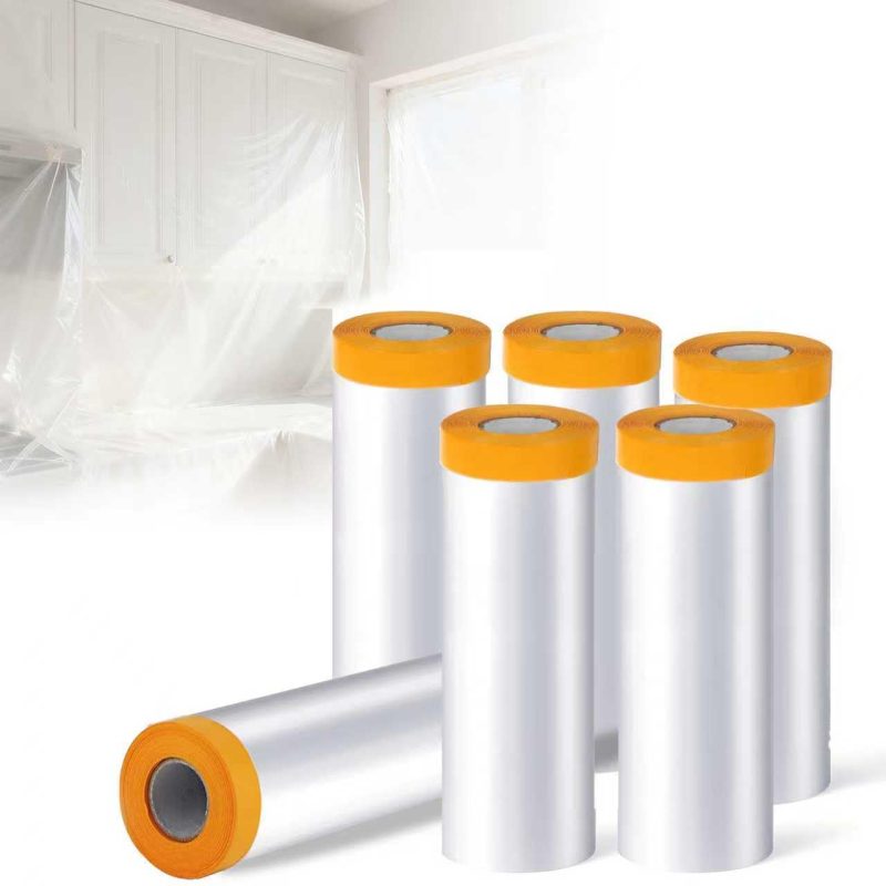 Pre-Taped Masking Film Drop Cloth, 6 Rolls 5 x 65 ft Plastic Sheeting for Painting, Automotive & Appliance Protection