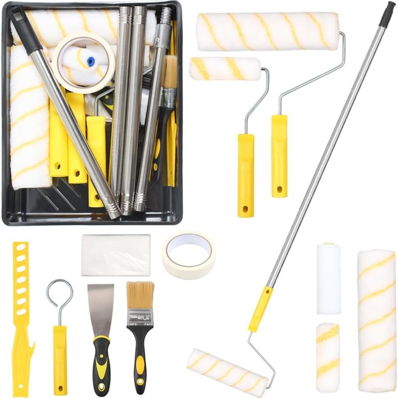 20PCS Paint Roller Set with 9” & 4” Rollers, 1.5m Extension Pole & Tray for Walls & Ceilings