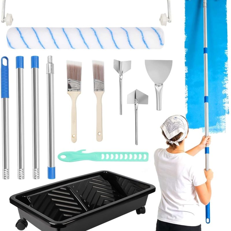 13PCS 18" Paint Roller Kit, Extension Poles, Roller Tray with Wheels, Brushes, Putty Knife & Mixer for Walls & Ceilings
