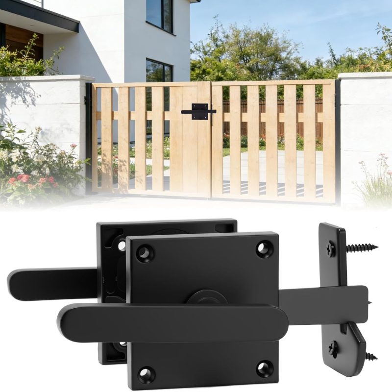 Double-Sided Gate Latch, Heavy Duty Aluminum Lock for Wooden Garden, Fence, Shed & Pool Gates (Black)