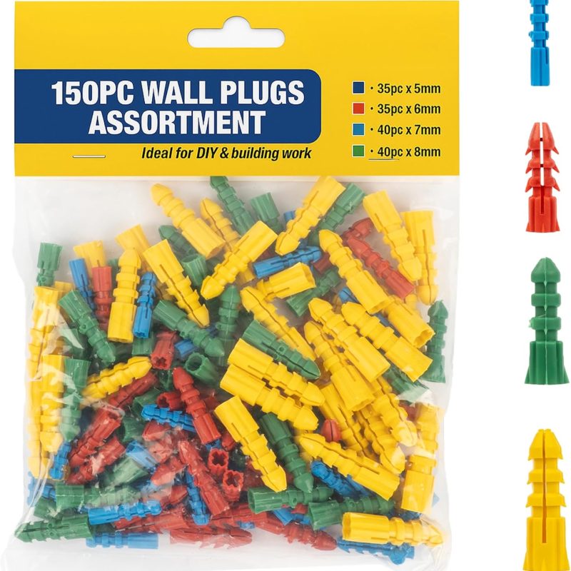150PCS Wall Plugs Set, 5–8mm Assorted Sizes for Brick, Block, Concrete & Masonry DIY Fixings