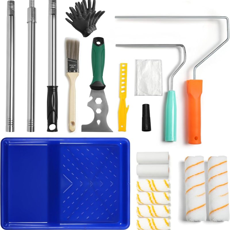 18PCS Paint Roller Kit, Extension Pole, Tray, Brush, Rollers, Scraper & Accessories for Walls, Ceilings & Edges
