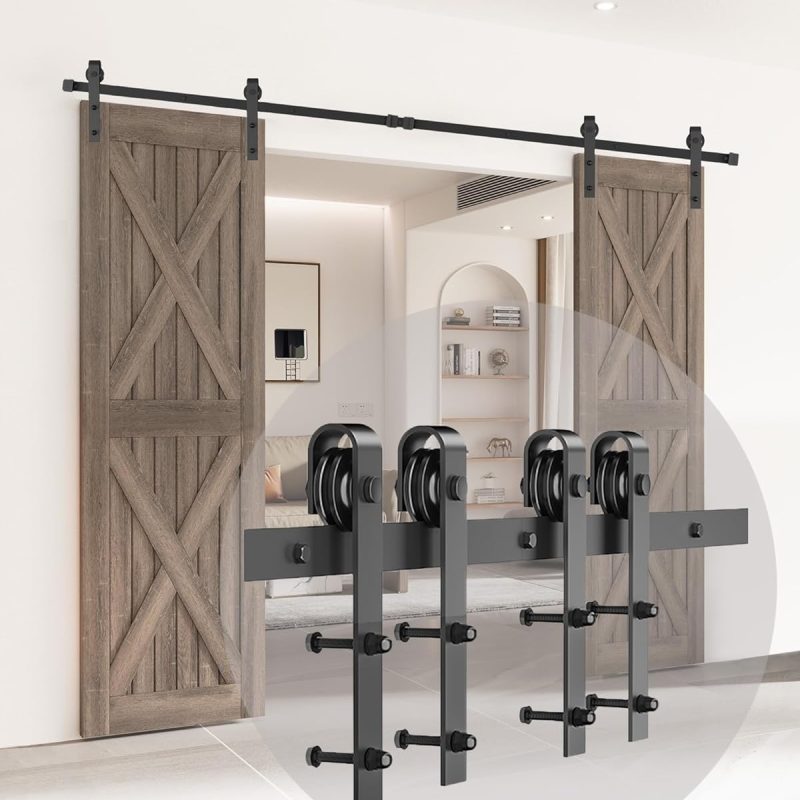 244cm (8FT) Sliding Barn Door Hardware Kit, Double Door Track System with J-Shape Hangers (Black)