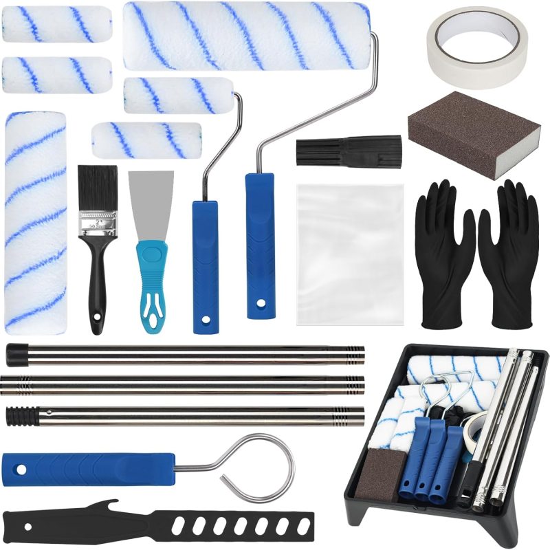 19PCS Paint Roller Kit, 9” & 4” Rollers, Extension Poles, Tray & Microfiber Covers for Walls, Ceilings & Trim