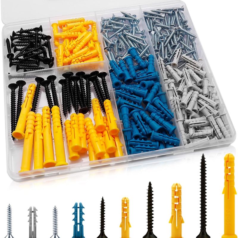 270PCS Wall Plugs & Screws Set, 5 Sizes Drywall Fixings Kit for Plasterboard, Concrete & Brick